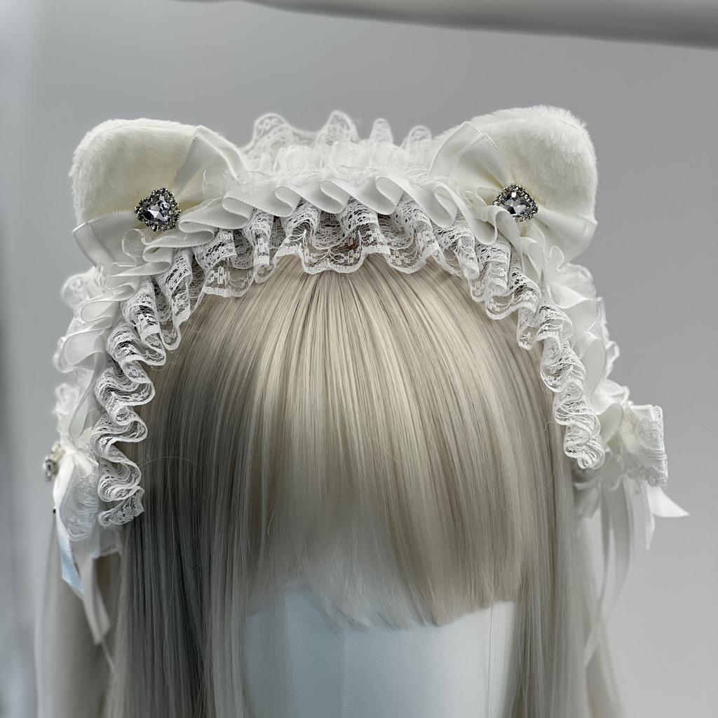 Lolita Headwear Cat Ear Love Rhinestone Headband Goth Punk Bow Headband Abi Cos Lace Hair Accessories