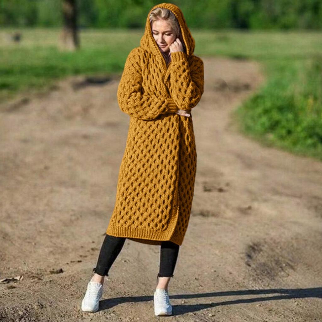 Women's Long-sleeved Solid Color Loose Long Sweater Cardigan With Hood Coat