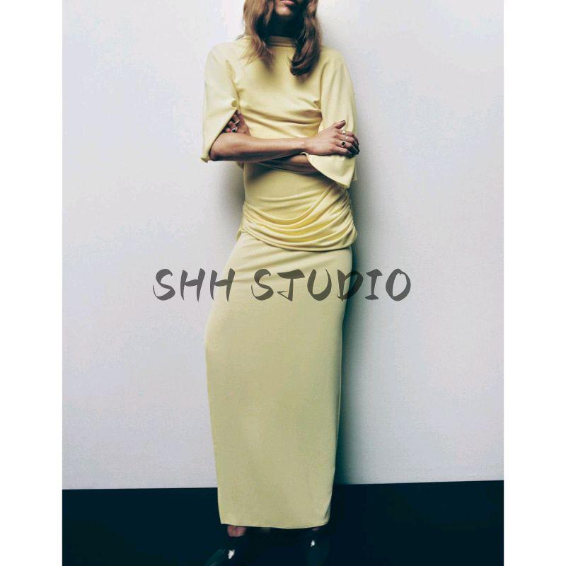 Autumn New Women's Clothing Minimalist Style Turtleneck Short Sleeve Open Back Laminated Decoration Long Dress 4661209