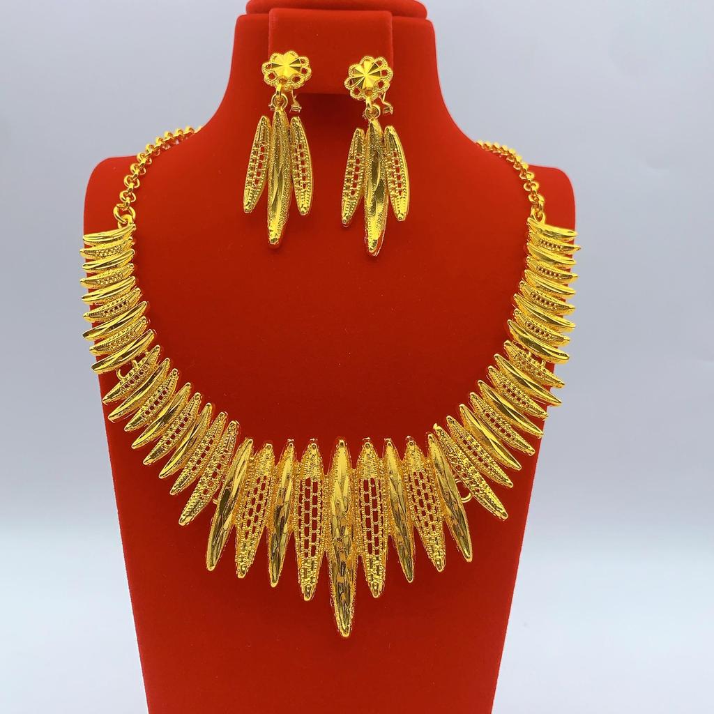 Gold-Plated Brass Flower Necklace & Earrings Set for Women's Wedding Jewelry