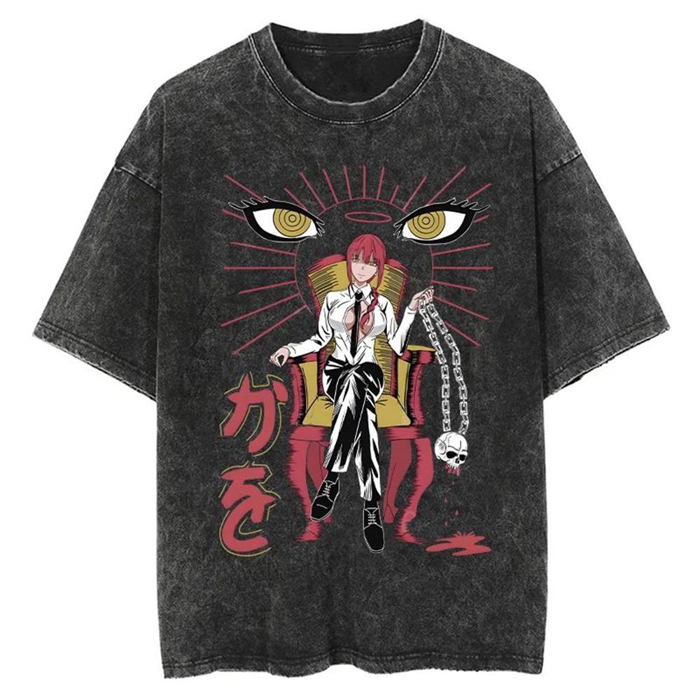 Nouveau T-shirt de haute qualité Chainsaw Man Anime pour hommes et femmes en coton avec impression lavée vintage Streetwear Rétro Hauts de Sport Fitness