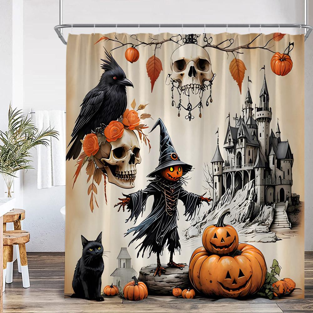 

Halloween Shower Curtain Sugar Skull Flower Gothic Castle Scarecrow Black Cat Pumpkin Witch Witchcraft Vintage Bathtub W60H190(CM)-1 Pcs