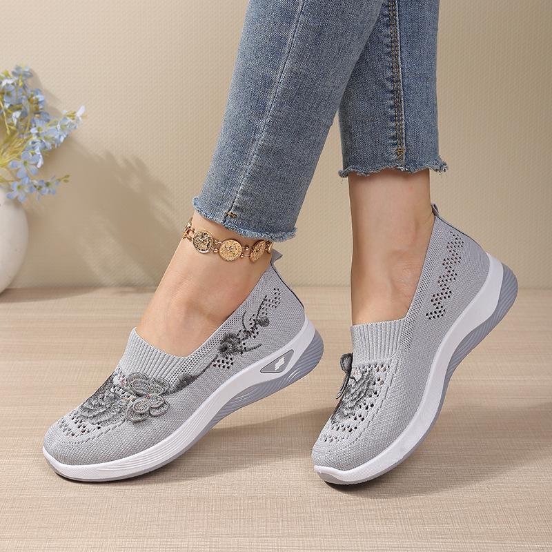 Embroidered Lightweight and Breathable Mesh Surface Sports Shoes, Women's Anti-slip Walking Shoes