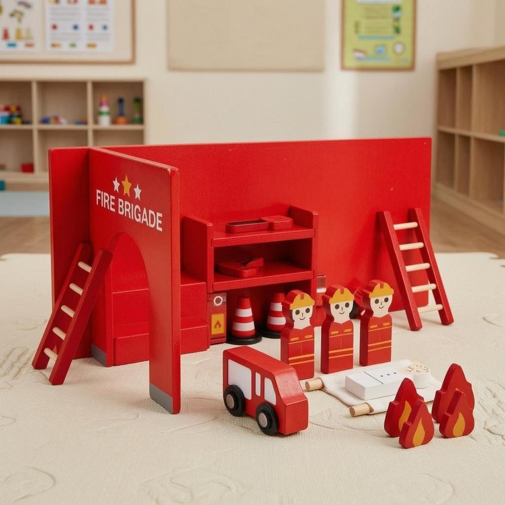 Wooden Fire Station Set Painted Assist Toy Scene Bright Red Firefighter Figure for Kids