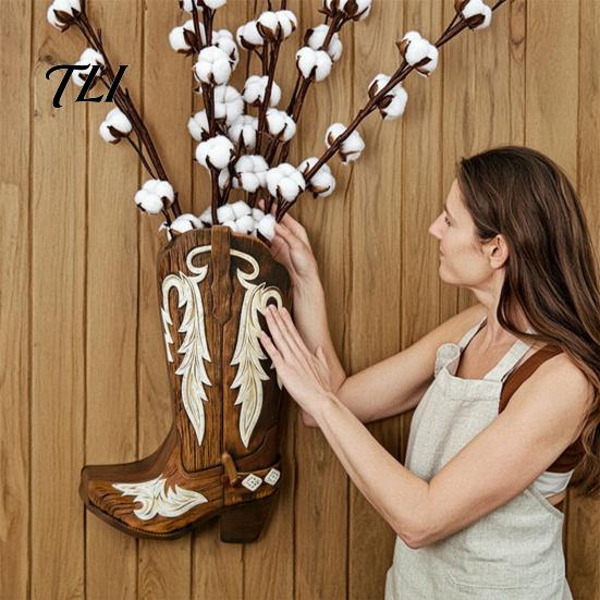 Wooden Floral Container for Dried Flowers Cowboy Boots Wall Planter Indoor Plants, Western Boot Flower Hanging Vase Vintage Mounted Faux Flower,