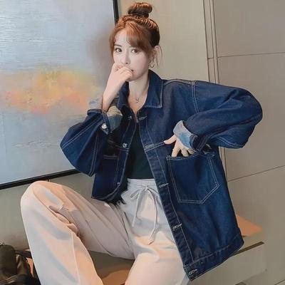 2025 Women's Dark Blue Denim Jacket: Loose, Trendy Korean Street Style for Spring and Autumn