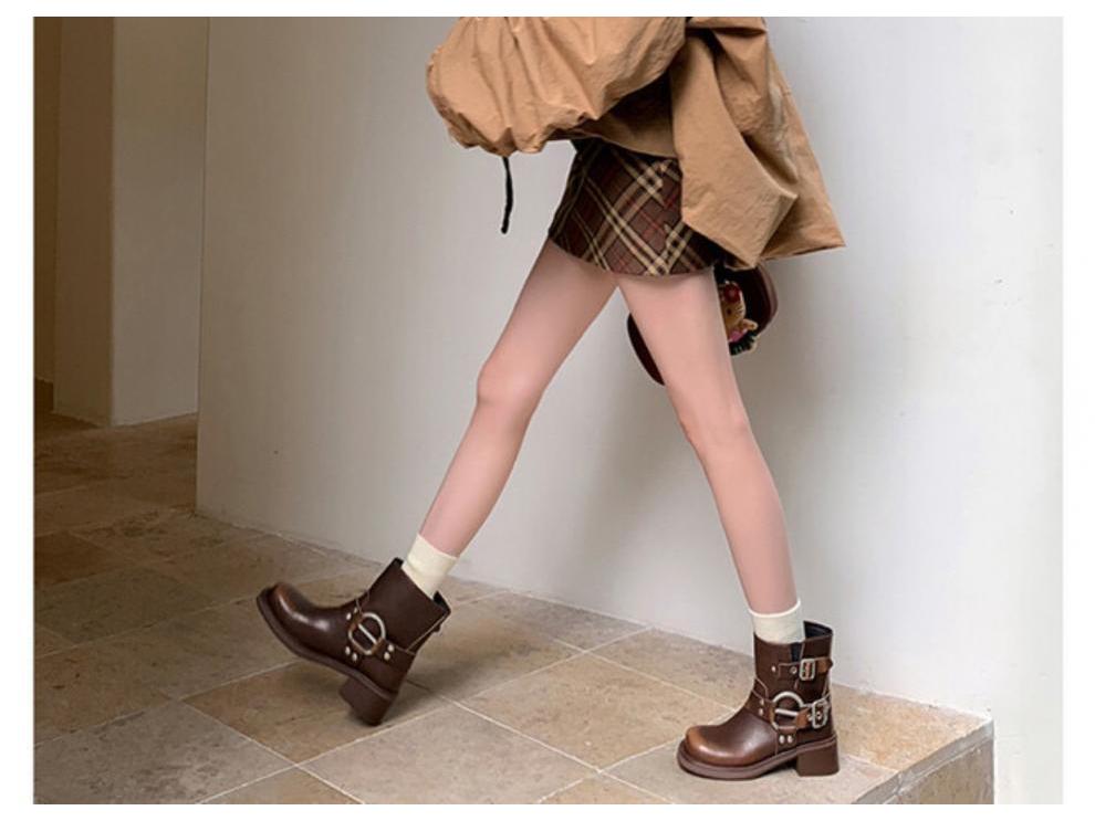 Women's Chunky Heel Belt Buckle Martin Boots - Brown Western Cowboy Ankle Boots, 2025 Punk Rider Vintage Style