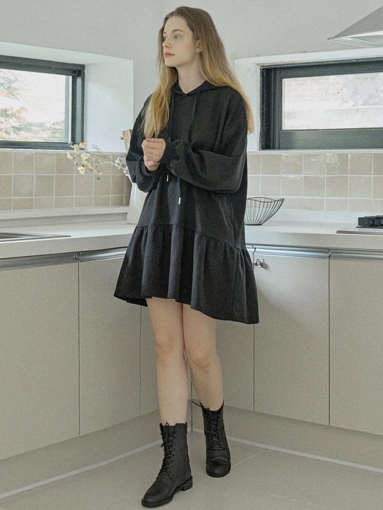 Avang Hooded Frill Mini Dress - Black