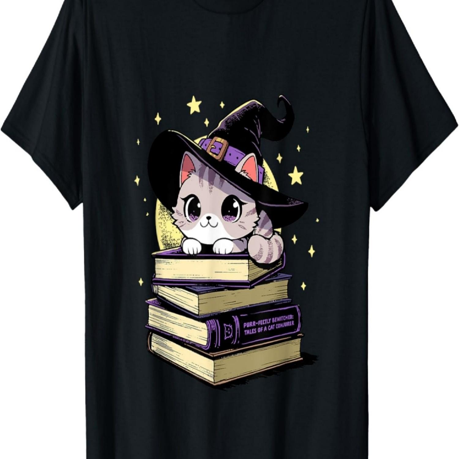 Halloween Kawaii Witch Cat & Magical Books Design T-Shirt S чёрный