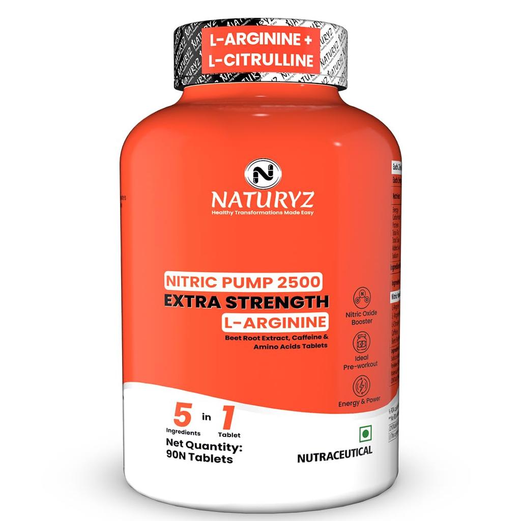NATURYZ Stickstoffpumpe 2500 mg Extra Stärke L-Arginin | L-Citrullin | Koffein | Steigert Ausdauer | Energie | Erhöht Durchblutung | Verbessert Perfo