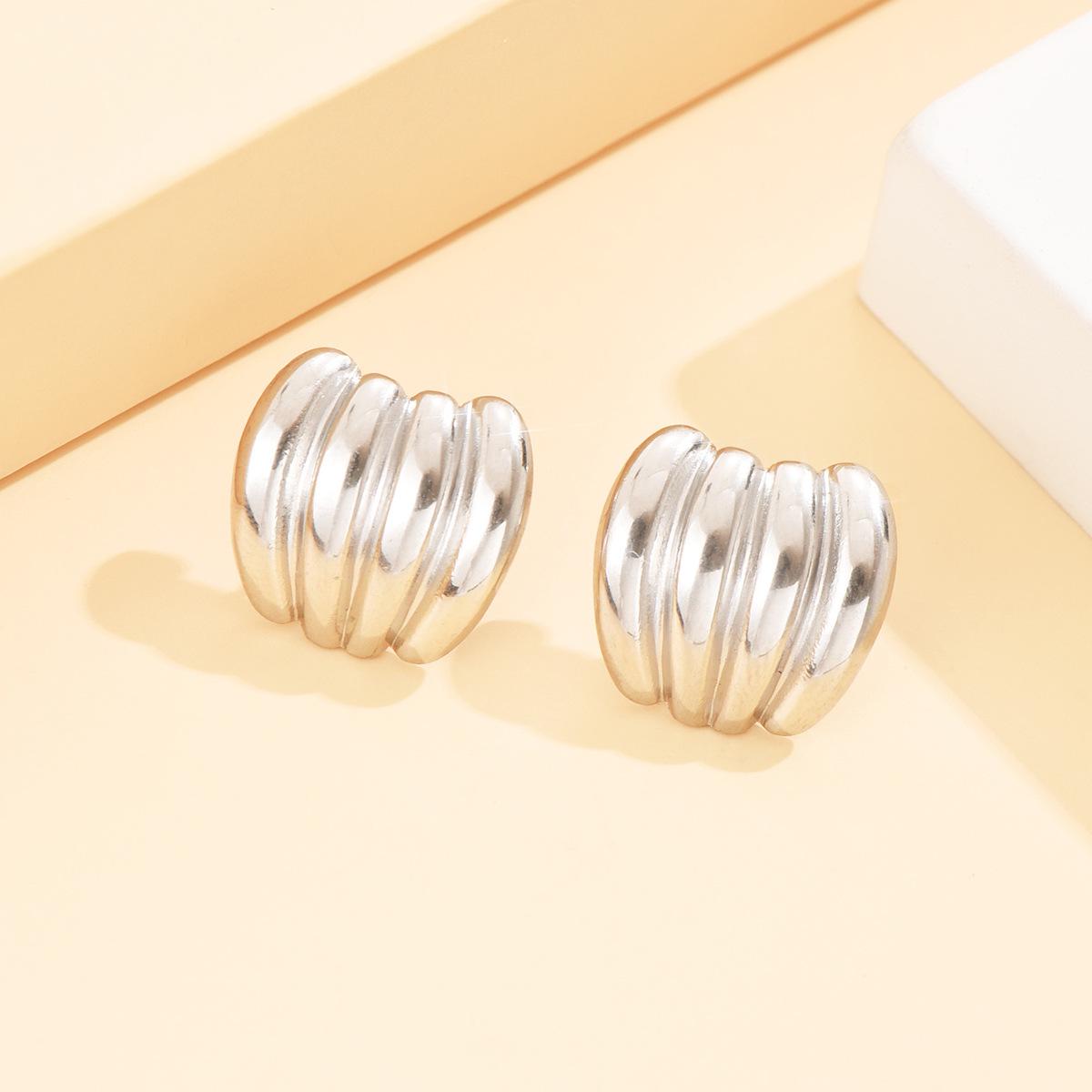 3D Geometric Striped Stainless Steel Earrings with Retro Metal Texture