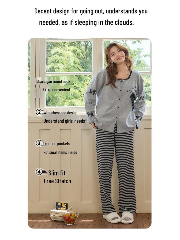 Women's Long-Sleeve One-Piece Pajamas with Built-in Bra Pad, Wearable Outside, Cute Round Neck Home Wear Set for Spring and Autumn