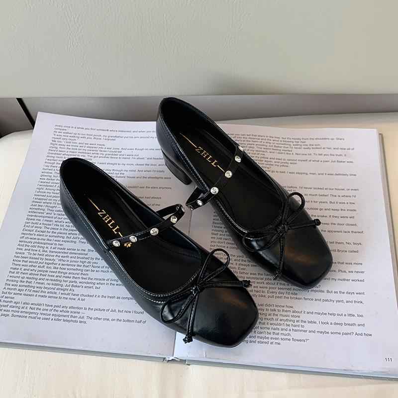 Light luxury word with Mary Jane shoes thick heel single shoes bow fattened and widened large size women's shoes