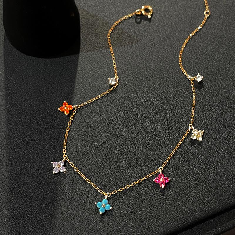 

Gold-Plated Sterling Silver Rainbow Clover Anklet with Colorful Zircon for Women S925 Silver