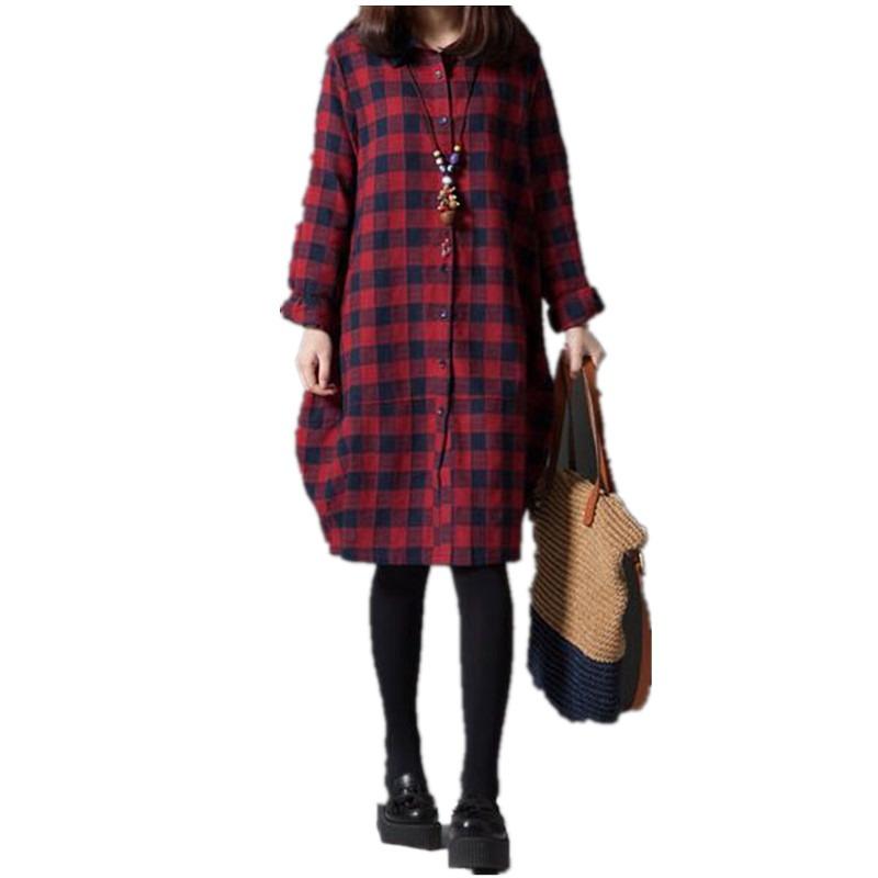 Spring New Korean Version Loose Splicing Plaid Lapel Long-sleeved Dress Women's Medium and Long Shirt Skirt