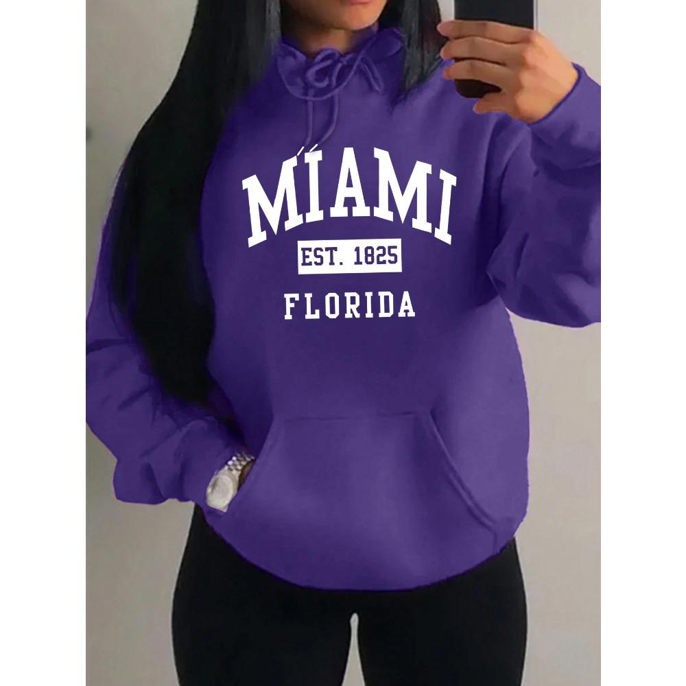 Miami Est 1825 City Art Letter Prints Women Hoodie Pocket Streetwear Harajuku Loose Hoody Fleece Female Clothing