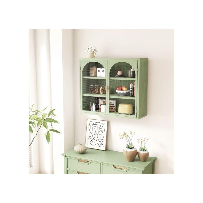 Armoire Murale Moderne À Double Porte Avec Portes Vitrées De 70 Cm, Comprenant Trois Étagères De Rangement, Verte.