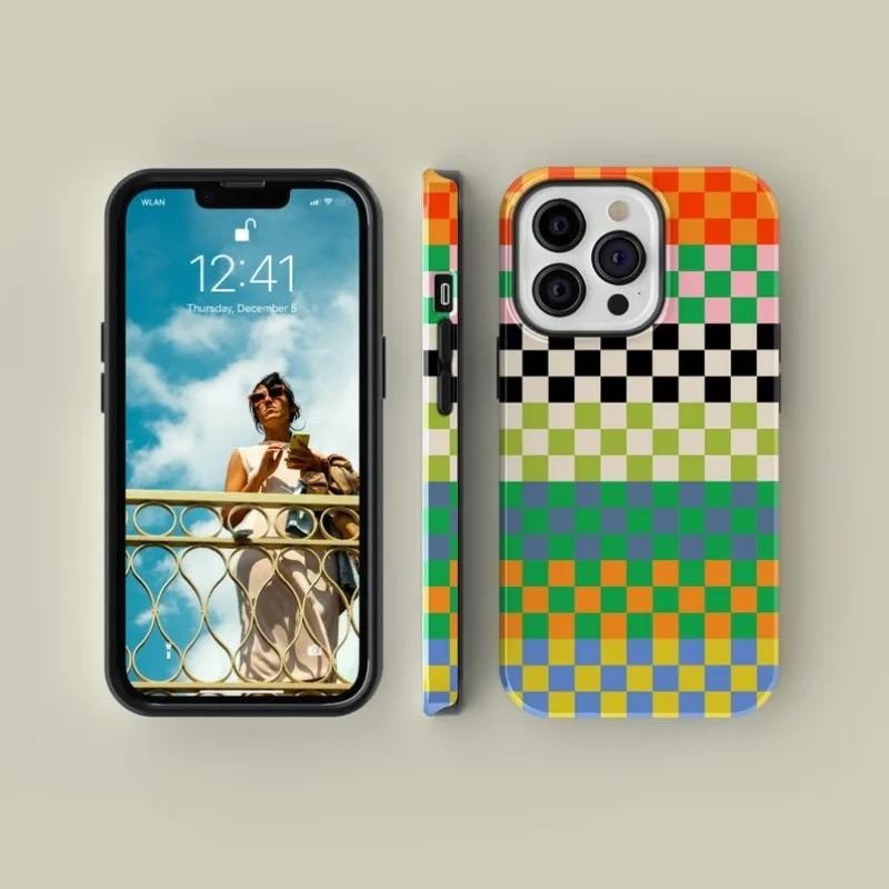 Luxury Clmj Colourful Checkered Stripes Phone Case for iPhone 16 15 14 13 12 11 Pro Max Plus Magnetic Double-layer Cover