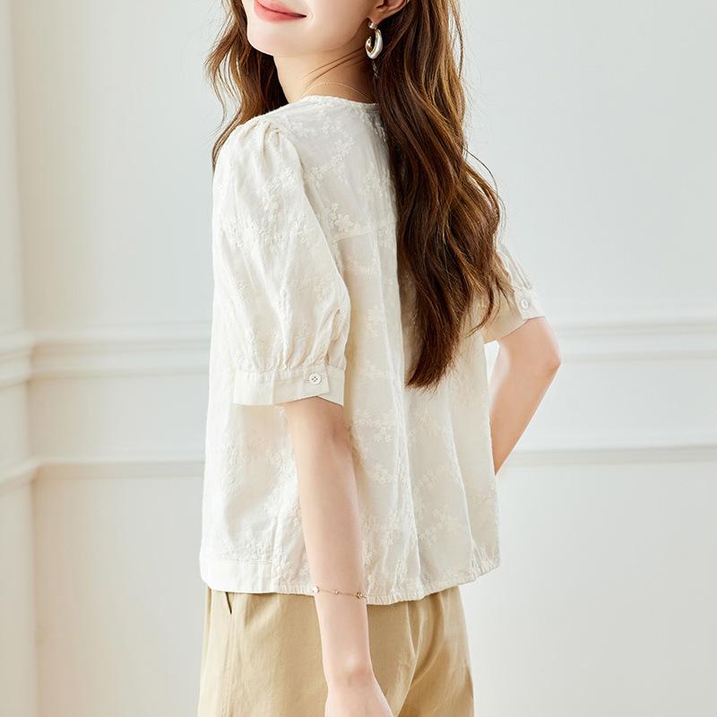 Sweet Simple Round Neck Short-sleeved Shirt for Women In Summer New Style Commuting Loose Top
