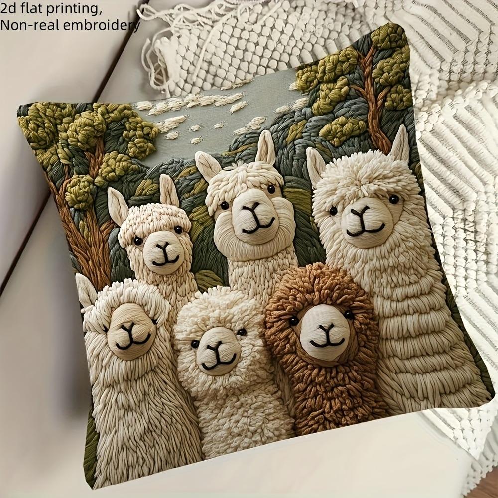 Cute Alpaca 2D Flat-Printed Non-Real Embroidery Pillowcase for Cozy Decor Sofa Cushion Cover, Home Decoration, 2D Printing