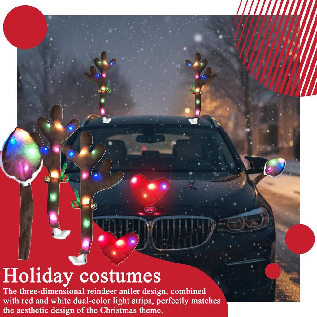Christmas Reindeer Antlers Car Kit Holiday Decoration With LED Lights Reindeer Car Kit For Holiday Van Party Seasonal