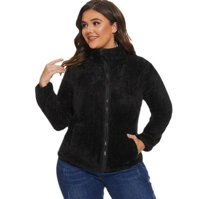 Women Black Fleece Coat Long Sleeve Zipper Warm Autumn Winter Stand Collar Ladies Coats