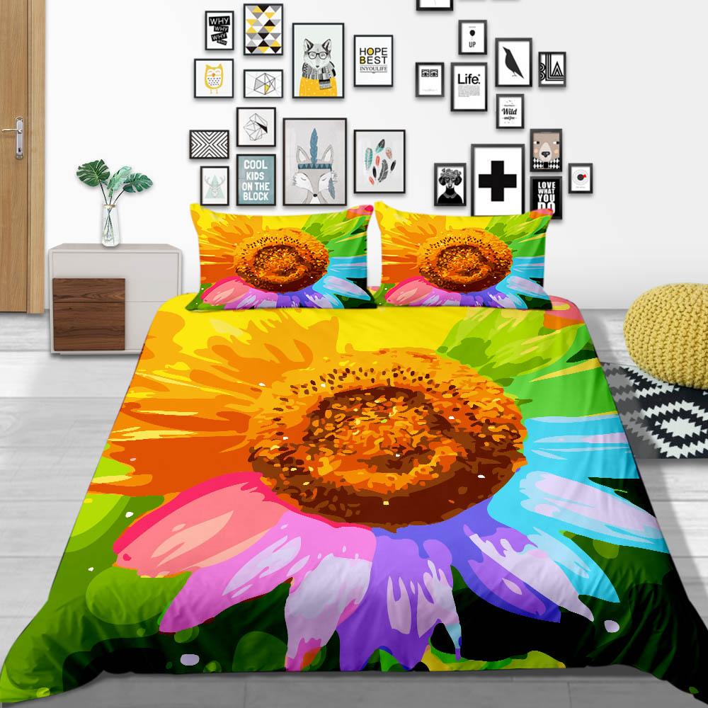 Sunflower Pattern Deluxe Household Bedding Set Full-size Quilt Cover and Pillowcase Plant Print Washable and Comfortable Bedroom Bedding