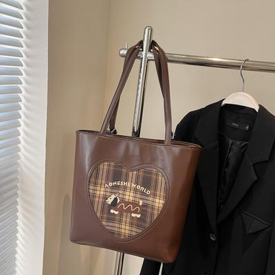 Happy Dog Large Capacity Bag for Women Autumn  New Trendy Retro Tote Bag Checkered Single Shoulder Commuter Bag