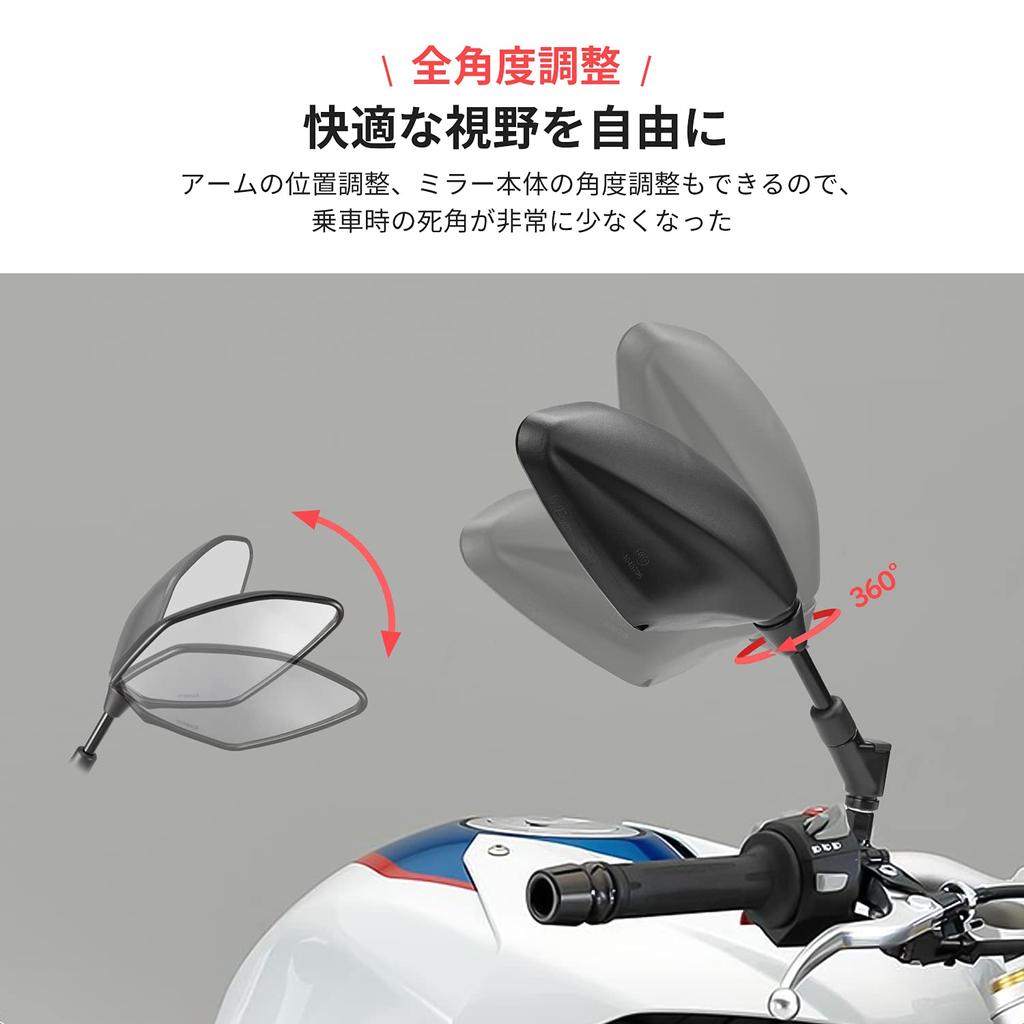 KEMIMOTO Motorcycle Mirrors, Universal, Left and Right Set, 8mm/10mm, Reverse/Standard Thread, 8 Pieces, Convex Mirror