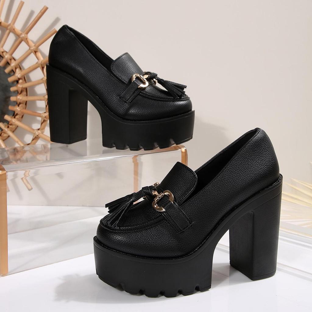Women's Chunky Heel High Heel Shoes with Tassel Decoration - 2025 Autumn Collection in Plus Sizes