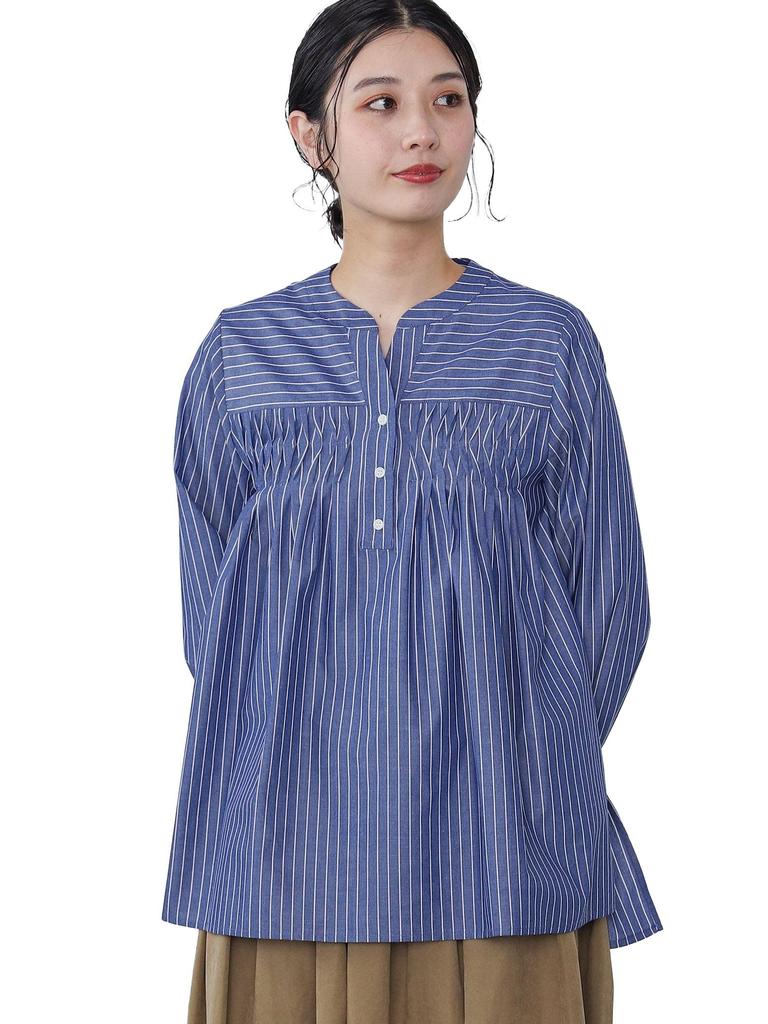 Beams Heart Modified Blouse Navy One Size Women's L/S Shirt, Tuck, No-Collar 2, Stripe,