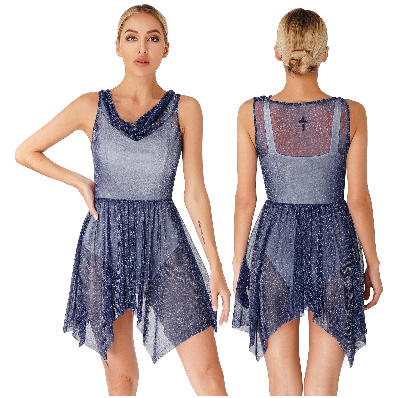 

Жіноча мерехтлива драпірована шия Танцювальна туніка Ліричний сучасний танцювальний костюм Хвала танцювальна накладна сукня S темно-синього кольору