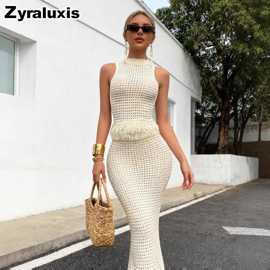 Neues gehäkeltes Fransen-Set Damen Ärmelloses High-Neck-Top + Bodycon-Langrock Zweiteiliges Outfit