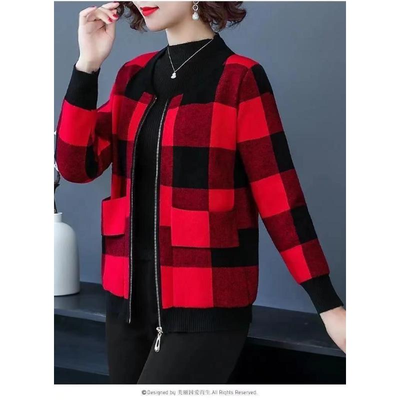 

Кардиган на молнии с длинным рукавом, куртка, клетчатый контрастный повседневный модный топ XL красный