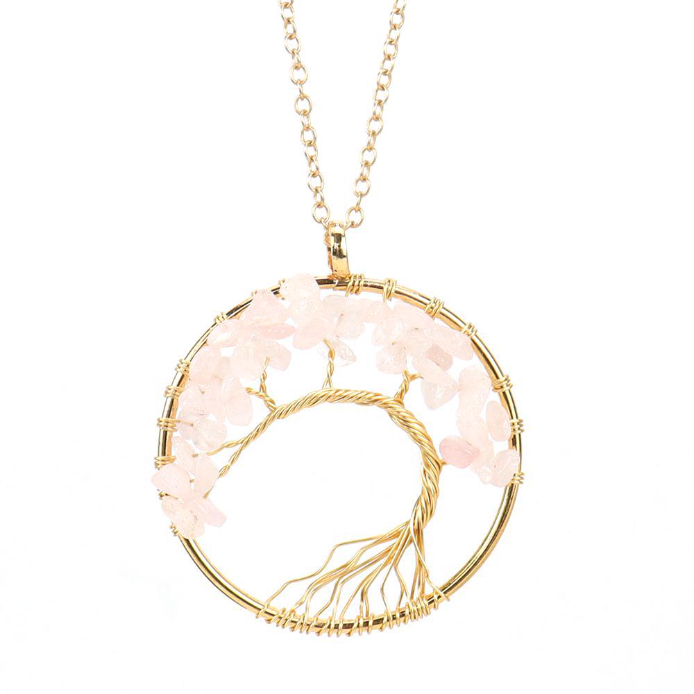 Gold Wire-Wrapped Tree of Life Necklace with Natural Crystal Crushed Stone