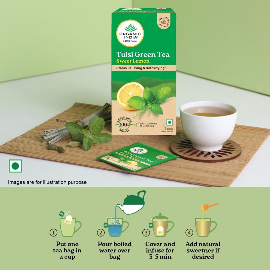 ORGANIC INDIA Tulsi Sweet Lemon Tea 25 Tea Bags Refreshing Herbal Green Tea Infusion