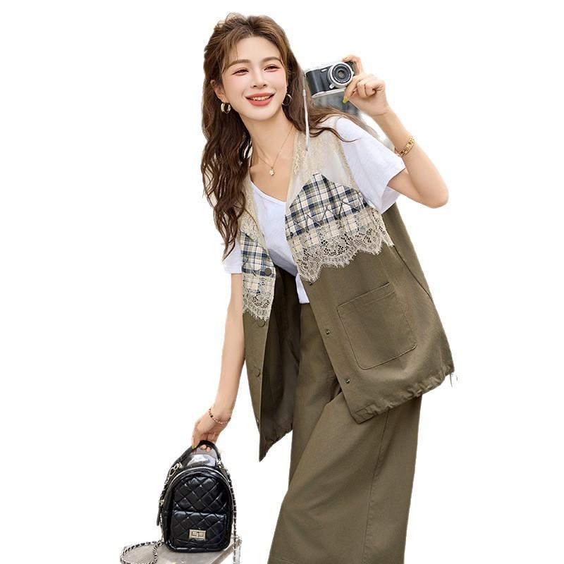 Fashion casual three-piece suit women's summer T-shirt top casual vest lace jacket + seven-point pants