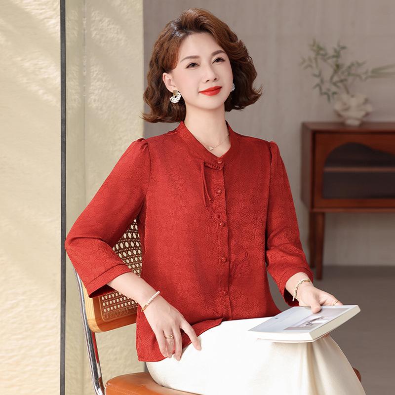 Spring & Summer Chinese Style Women's Seven-Point Sleeve Cardigan Shirt - Stylish Mother's Day Top for Mid-Aged & Elderly Women
