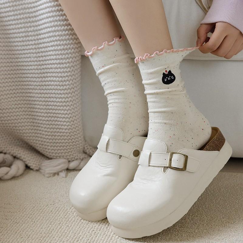 Socks Pure Cotton Stacking Socks Season Idea Yarn Cute Embroidery Cartoon Fungus Edge Cotton Medium Tube Socks