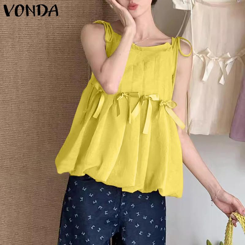 VONDA Women Summer Strap Sleeveless Bow Knot Pleated Casual Tank Tops