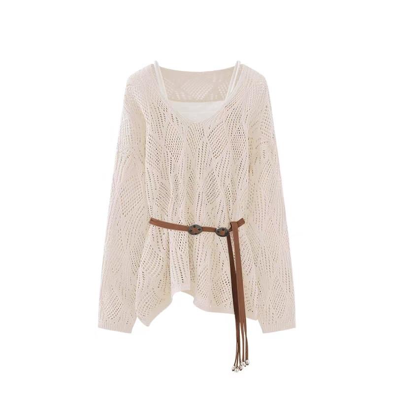 Sweater for Women Summer Openwork Knit Sweater Solid Color Sun Protection Cover-Up Tops