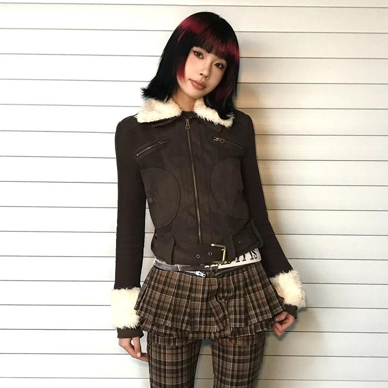 Y2k Fur Coat Women Vintage Harajuku Knitted Jacket Grunge Aesthetics Fur Collar Zipper Coat
