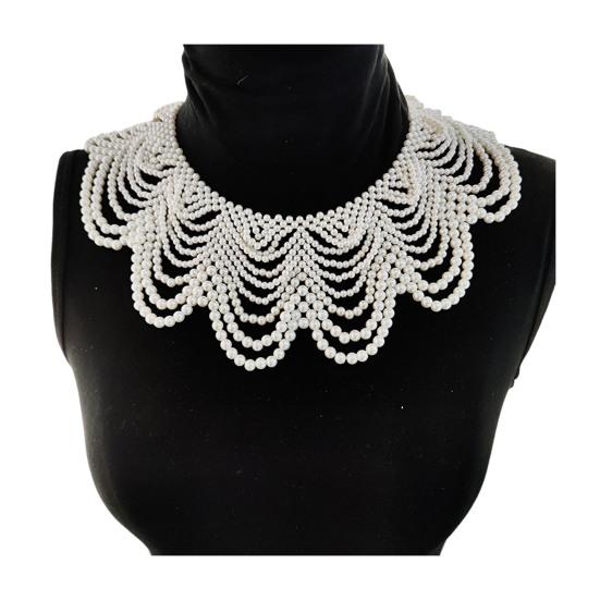 Faux Pearl Bib Necklace Hollow Design Bib Choker Necklace Beaded Shawl Collar for Women Weddings Cocktail Parties
