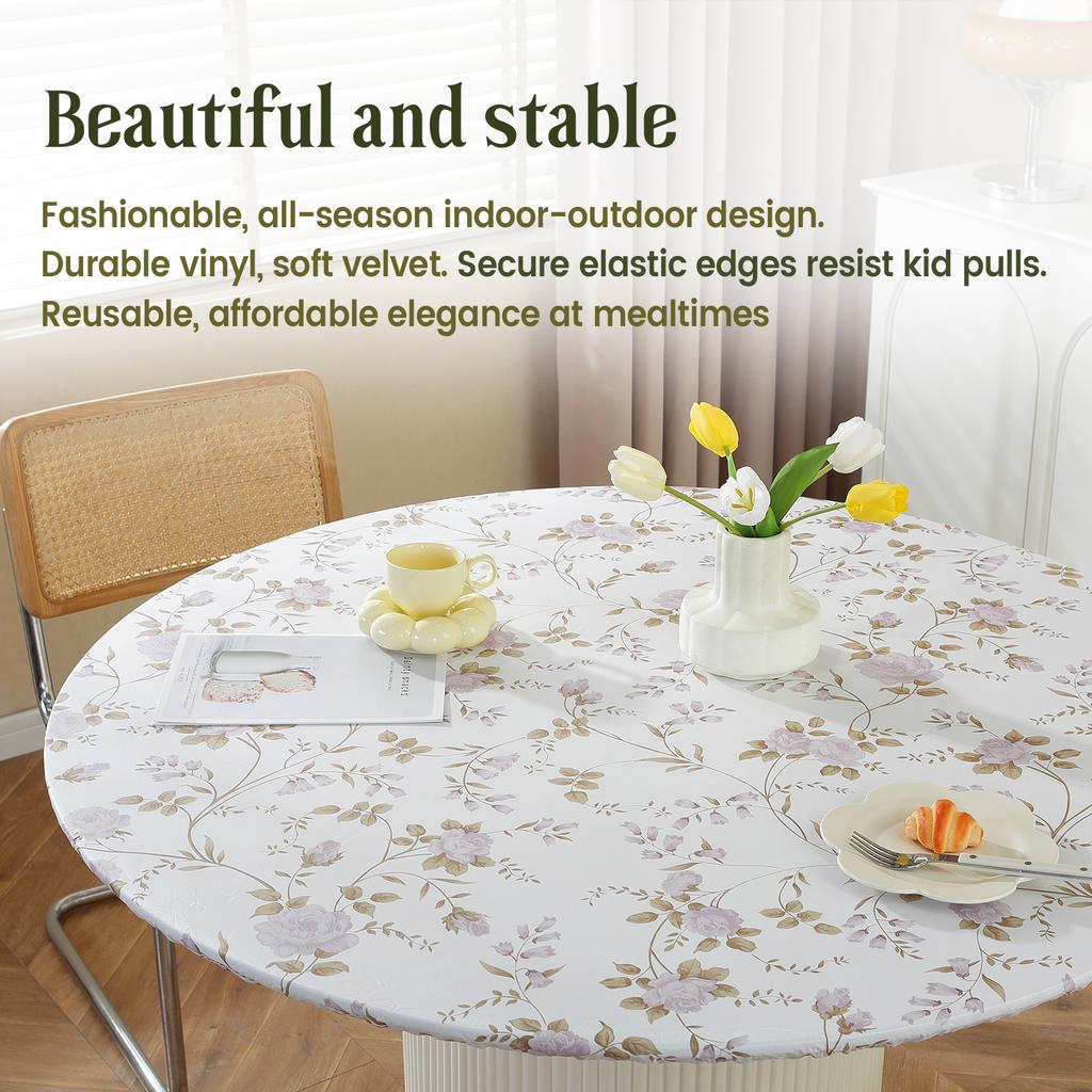 Elastic Round Table Cover Fitted Vinyl Waterproof Tablecloth Reusable Flower Dining Table Cloth For Home Table Protector Decor