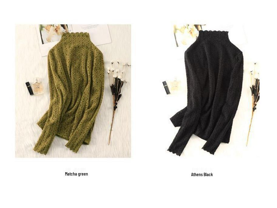 Brushed Lace High-Neck Mesh Top for Women - Trendy Autumn/Winter Layer