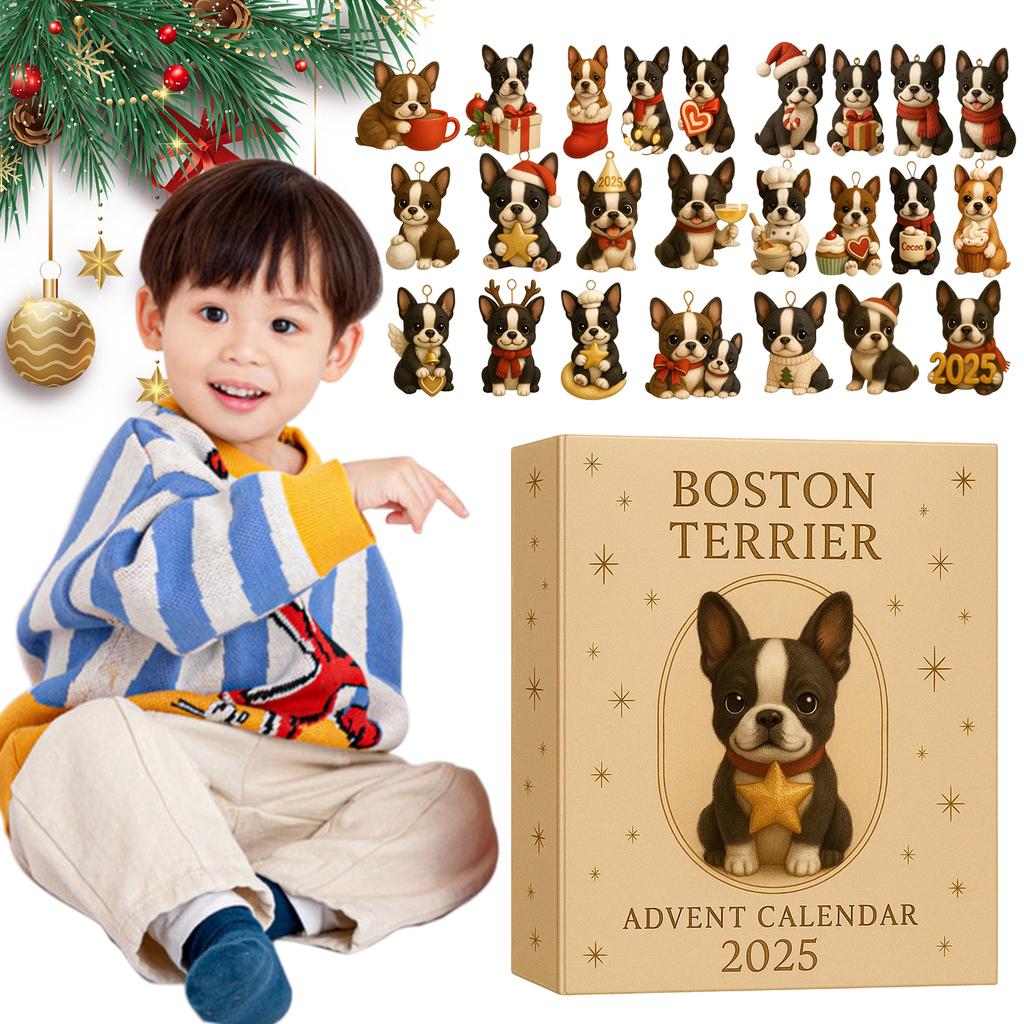 Boston Terrier Advent Calendar 2025 with 2D Acrylic Dog Ornaments 24 Days Christmas Countdown Calendar Gift for Dog Lovers