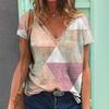 Summer Women's T-shirt Vintage Geometric Print Short Sleeve Tops Female Fashion Clothing V-Neck Oversized Pullover Daily Blouse