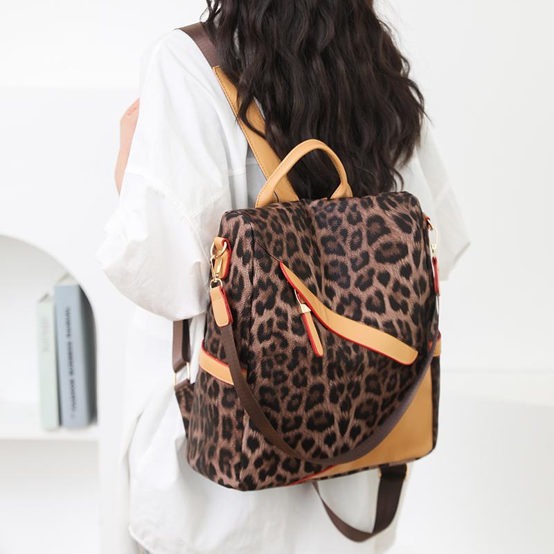 Damen Rucksack aus weichem Leder mit Diebstahlschutz, Mehrzweck-Schultertasche mit Leopardenmuster