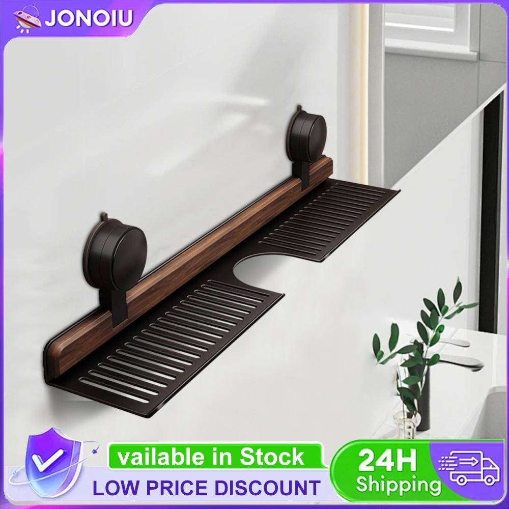 Walnut Suction Cup Bathroom Shelf Faucet Organizer Rack No Drilling Wall Mounted Sink Shelf for Bathroom