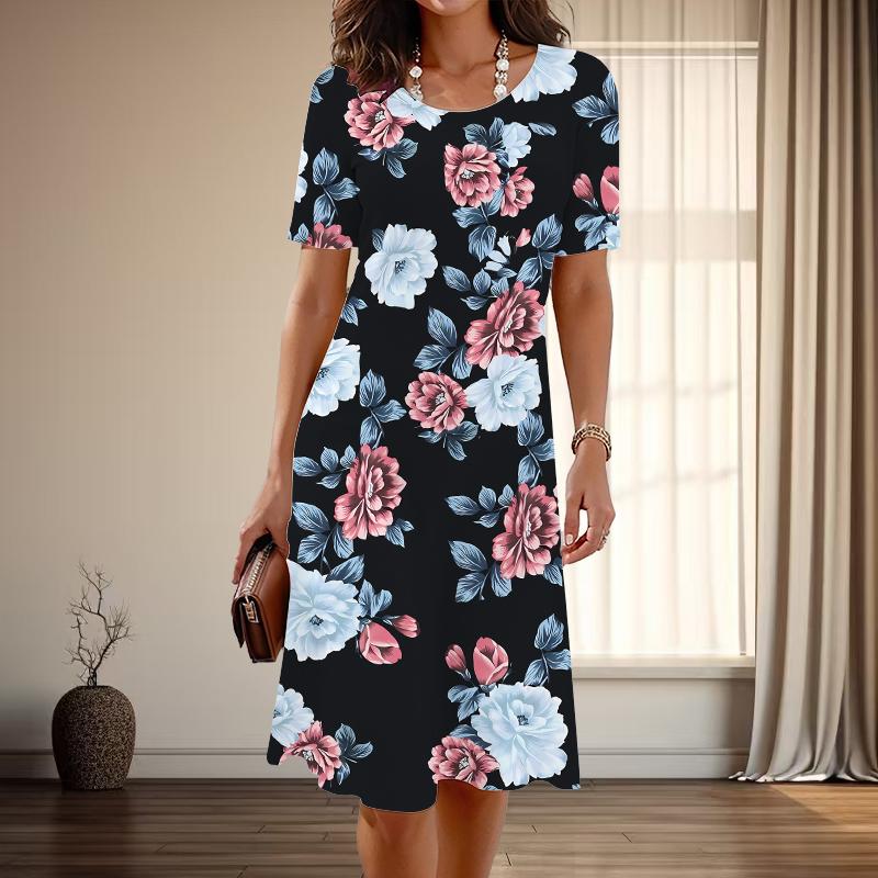 Women's Fashion Graceful Bowknot Print Summer Spring Short Sleeve O-Neck Casual Dresses